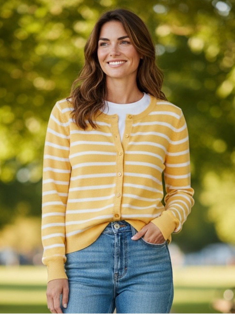 Liz Claiborne Yellow and White Lightweight Striped Button-Front Cardigan